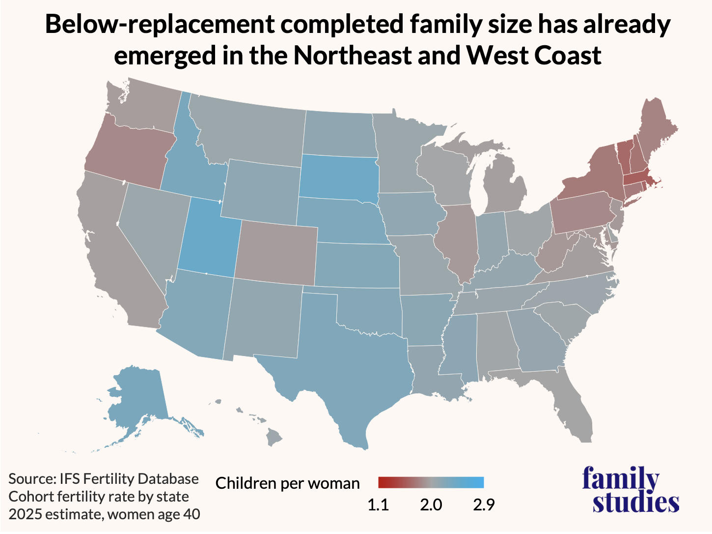 Map of Cumulative cohort fertility rate by state for the cohort aged 40 in 2025