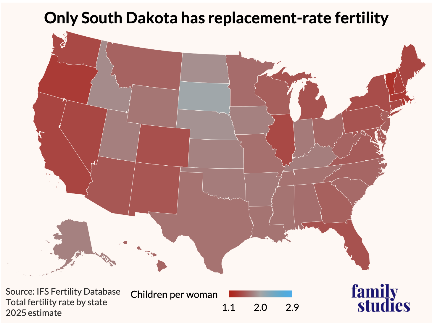 Map showing Total fertility rate by state, 2025